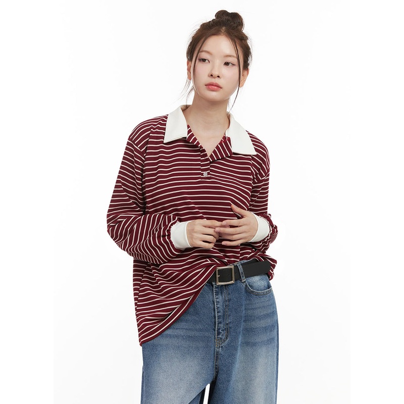 Oversized Stripe Collared Long Sleeve Top IJ527 Dark red M/L
