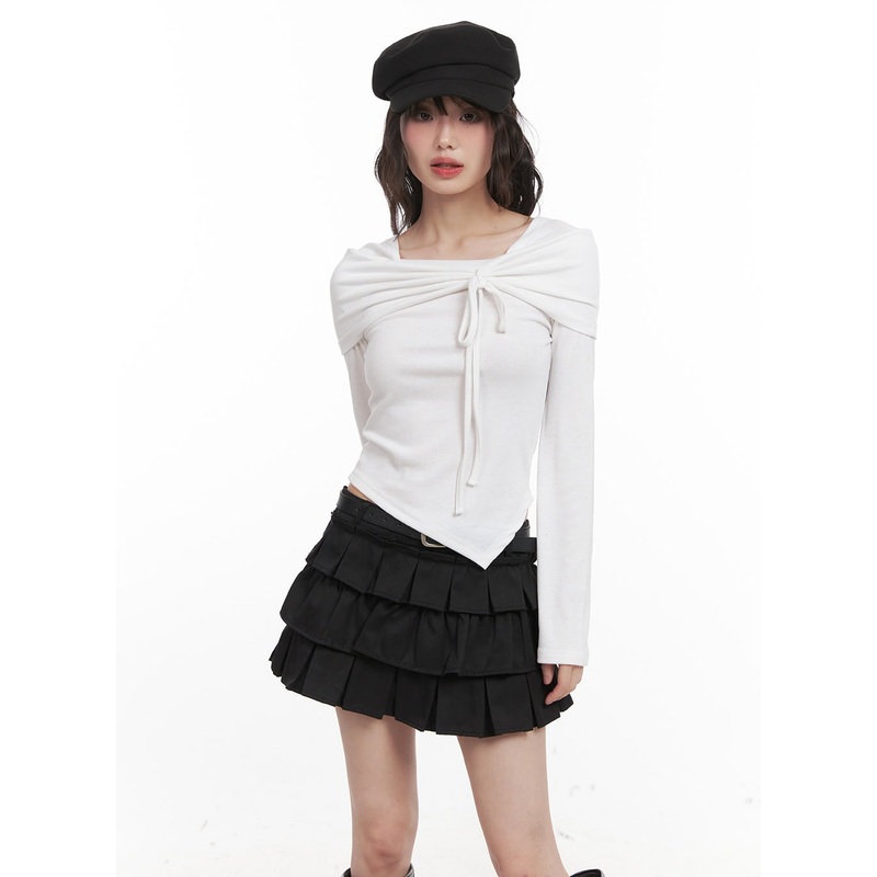 Ribbon Wrapped Asymmetric Long-Sleeve Top CJ523 Light beige S/M