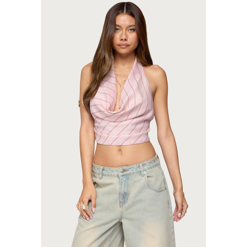 Stripey Metallic Cowl Neck Halter Top PINK XS