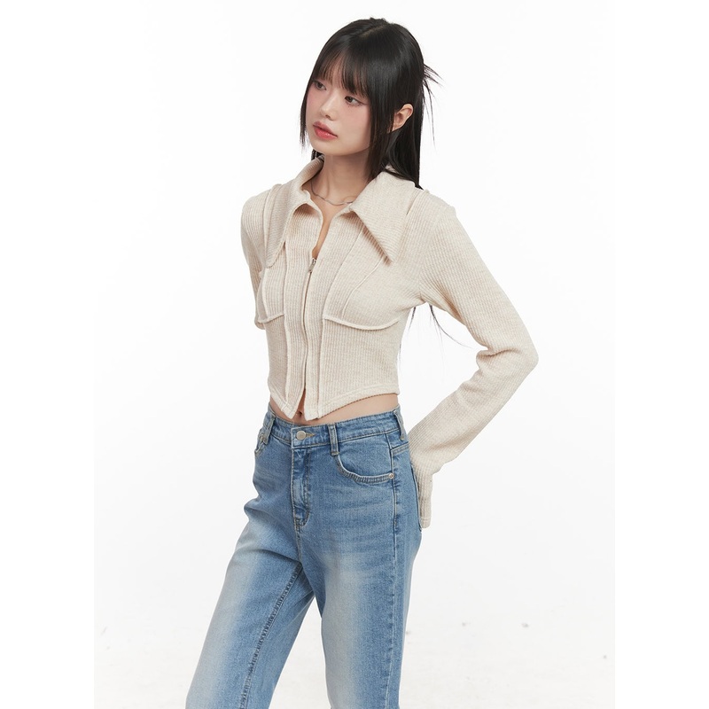 Zip-Up Collared Long-Sleeve Crop Top CJ523 Beige S/M