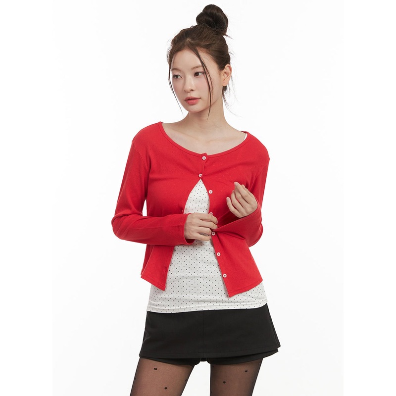 Boat-Neck Crop Cardigan IJ530 Red S/M