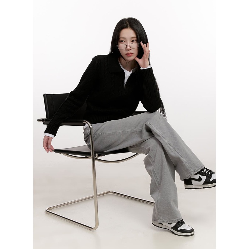 Collared Cable Knit Zip-Up Cardigan CJ531 Black S/M