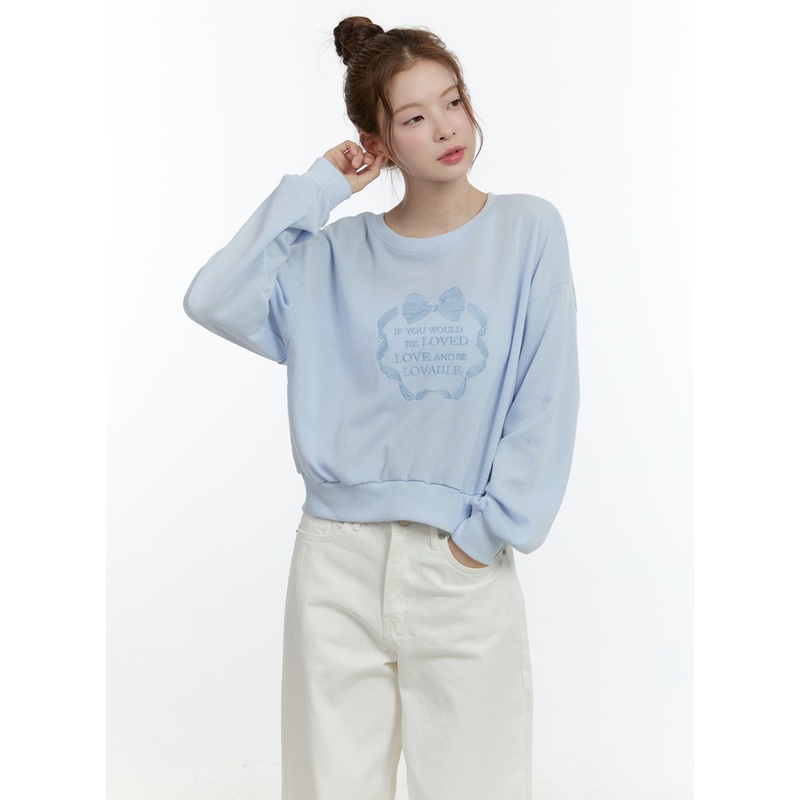 Embroidered Graphic Cropped Crewneck CF503 Light blue M/L