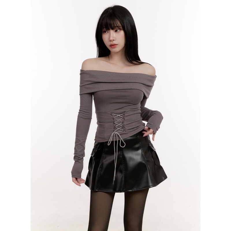 Ribbon Corset Off-Shoulder Long-Sleeve Top CJ529 Dark gray S/M