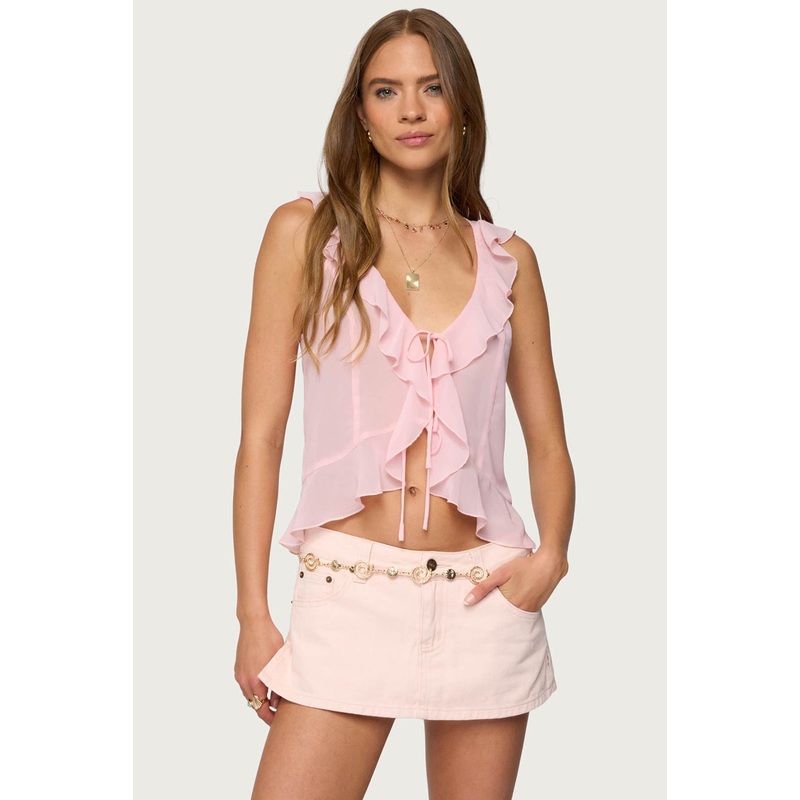 Roxan Ruffle Chiffon Tie Front Top LIGHT PINK XS