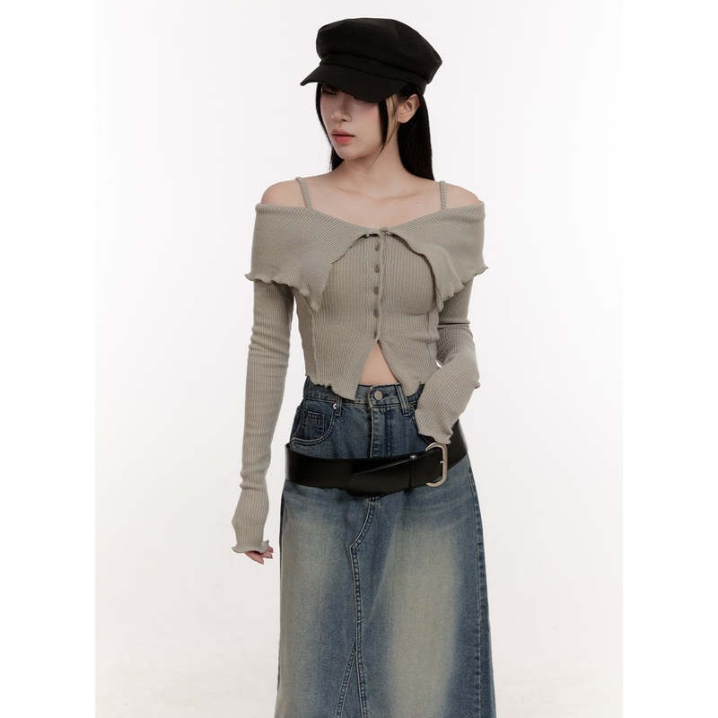 Strapped Off-Shoulder Long-Sleeve Crop Top CJ529 Beige S/M