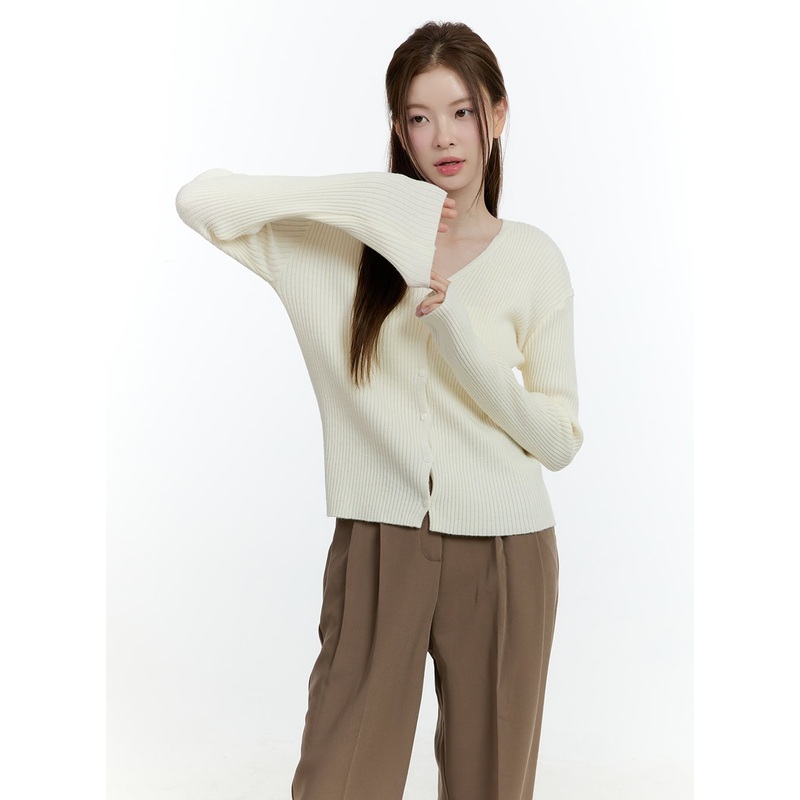 Basic Ribbed V-Neck Cardigan CF503 Light beige S/M