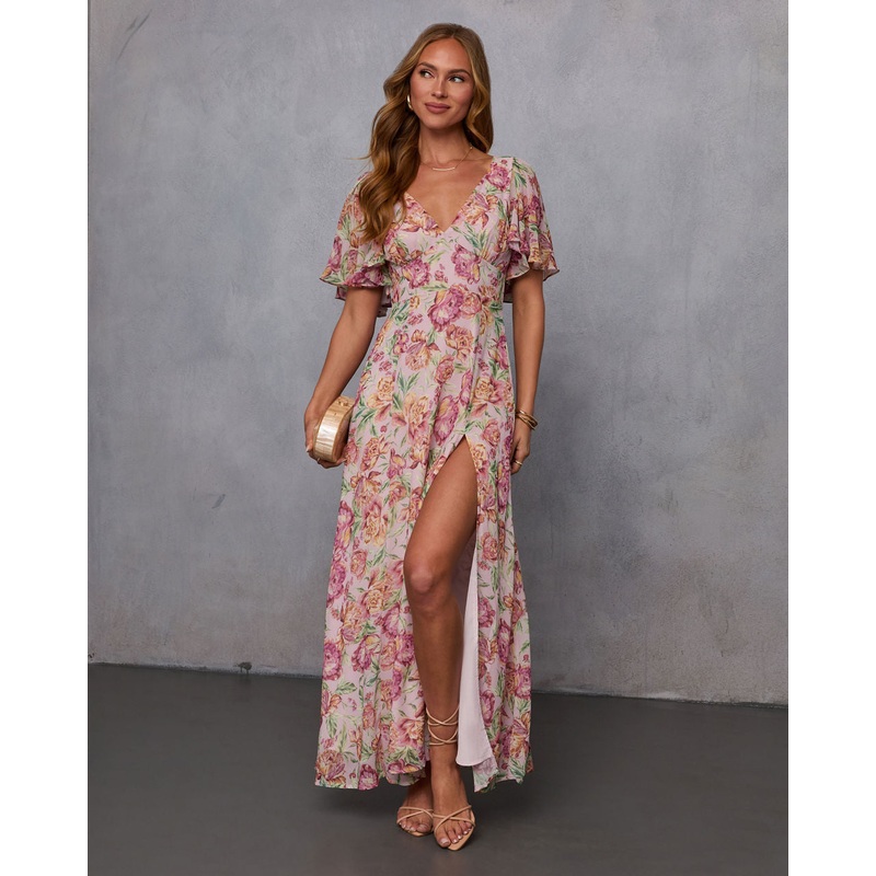Dahlia Dreams Draped Floral Maxi Dress Pink Floral S
