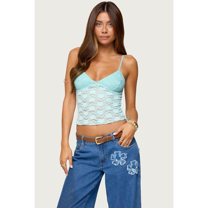 Eira Sheer Lace Tank Top TURQUOISE XS