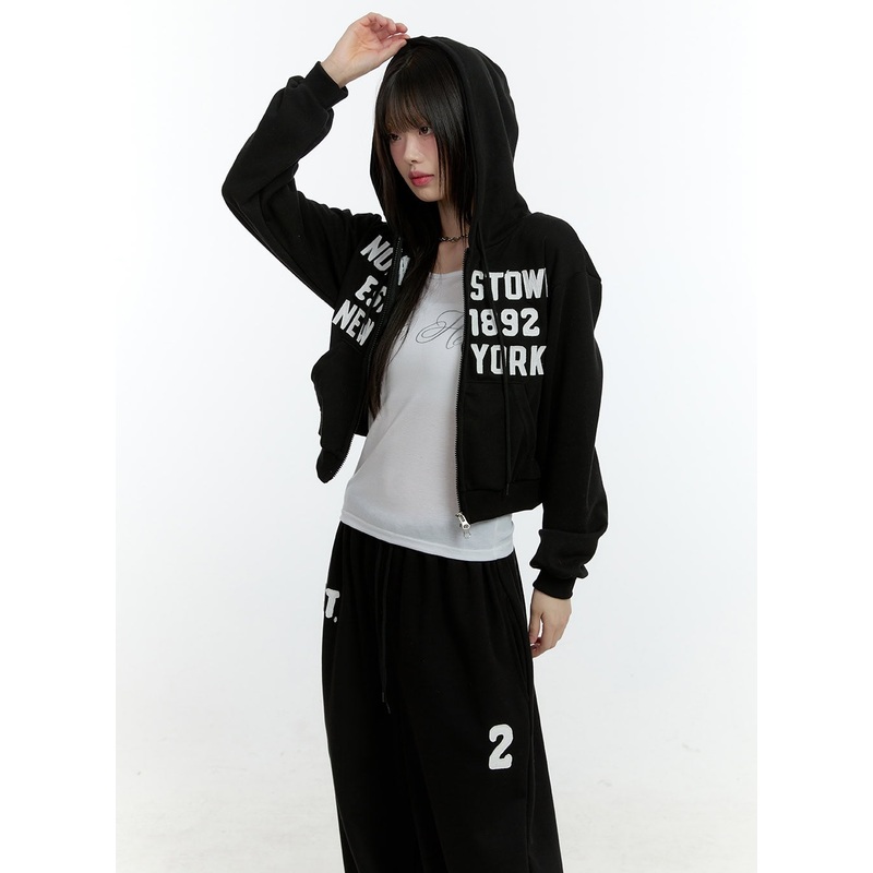 Embroidered Zip-Up Crop Hooded Jacket CF506 Black S/M