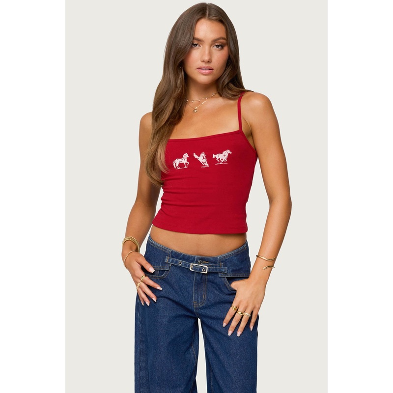 Wild Horses Graphic Tank Top RED XS
