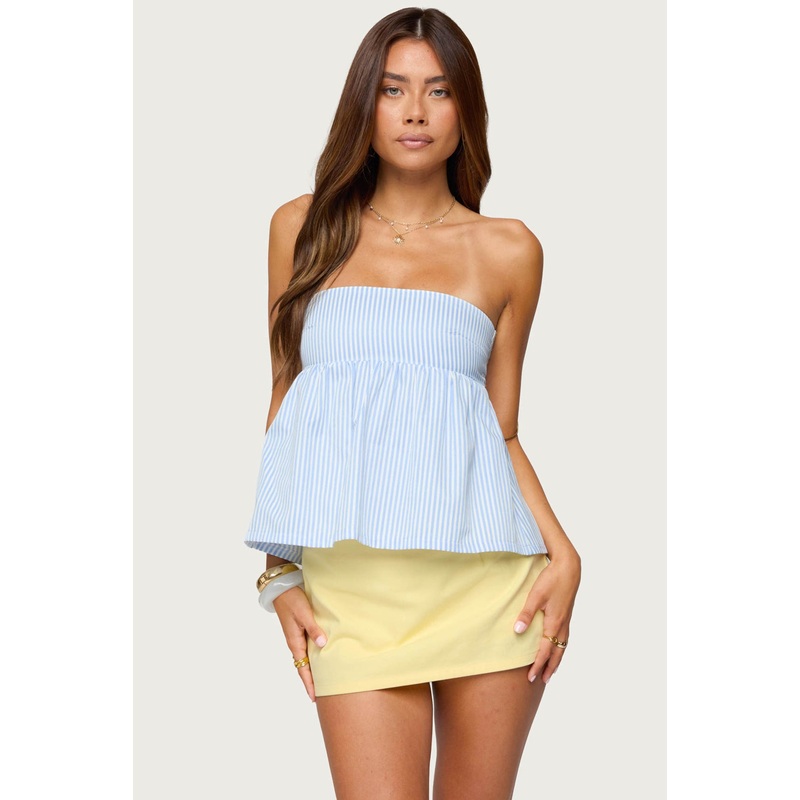 Maddie Strapless Striped Babydoll Top LIGHT BLUE XS
