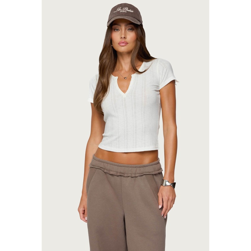 Semi Sheer Ribbed V Neck T Shirt WHITE XS