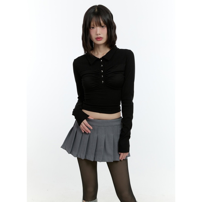 Shirring Long-Sleeve Collared Crop Top CF507 Black S/M