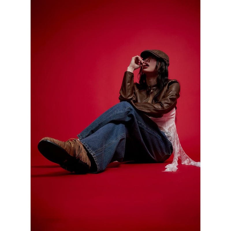 Stitched Faux-Leather Bolero Jacket CF511 Brown S