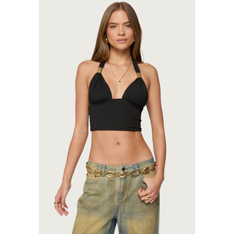 Aiva Backless Plunge Neck Halter Top BLACK XS