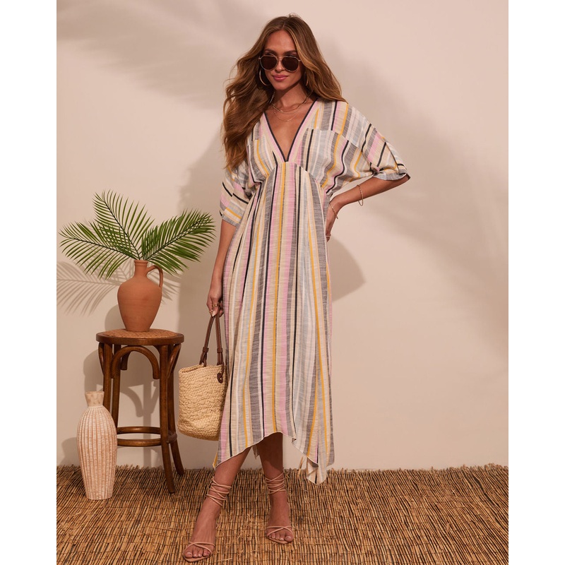 At Beachside Flowy Linen Midi Dress Multi S