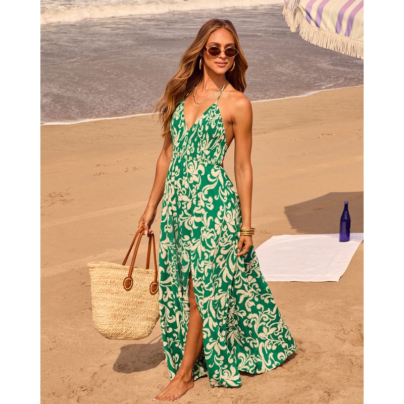 Beautiful Flowers Smocked Halter Maxi Dress Green Multi XS