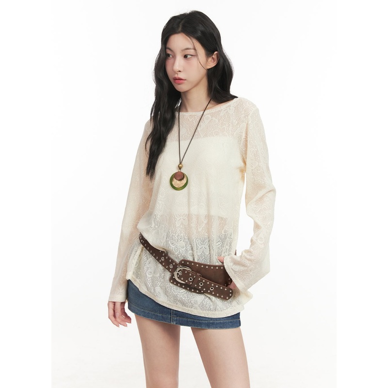 Butterfly Lace Sheer Long-Sleeve Top CF513 Light beige M/L