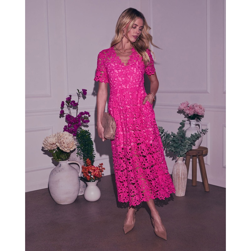 Garcelle Floral Lace Midi Dress Pink XS
