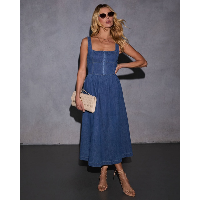 Gianni Denim Fit And Flare Midi Dress Denim XS
