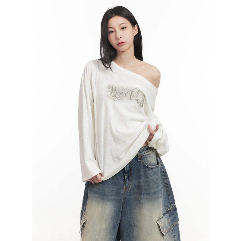 Loose-Fit Graphic One-Shoulder Top CF514 White M/L