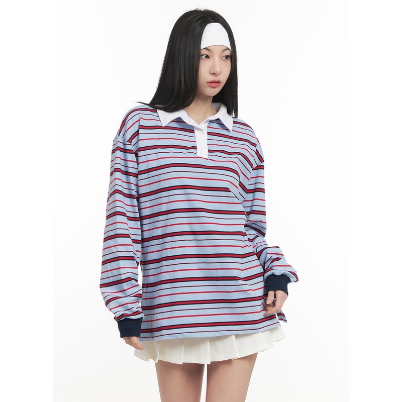 Oversized Striped Long Sleeve Polo Shirt CF514 Light blue M/L