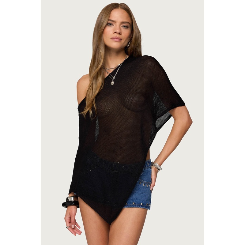 Azalia Asymmetric Knit Poncho BLACK XS