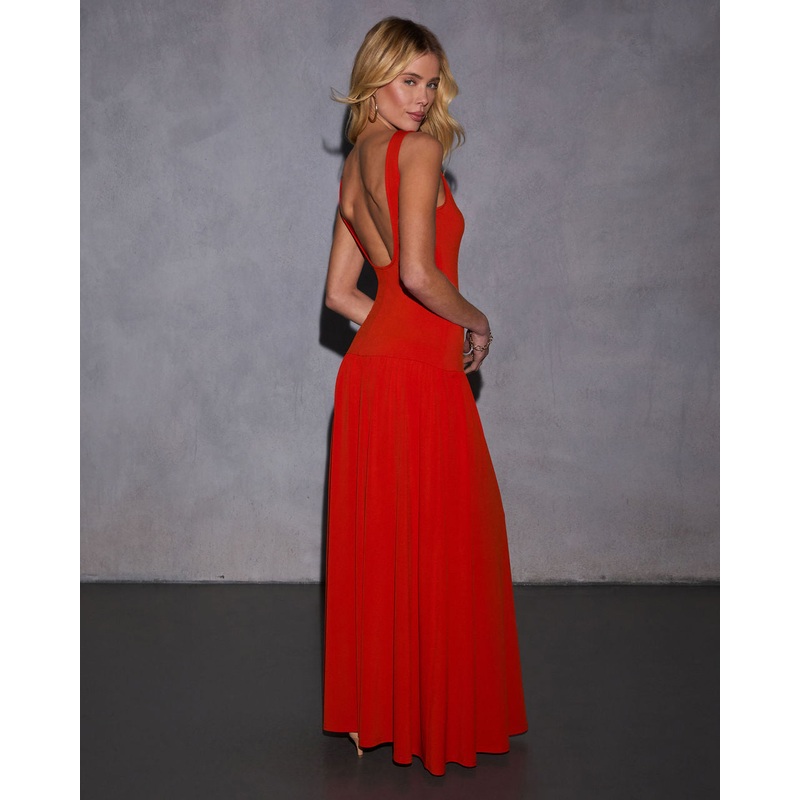 Dewy Days Drop Waist Maxi Dress Red XS