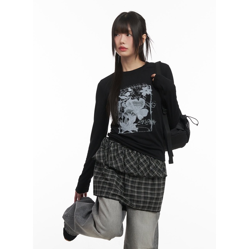 Flower Graphic Long-Sleeve Top CF519 Black S/M