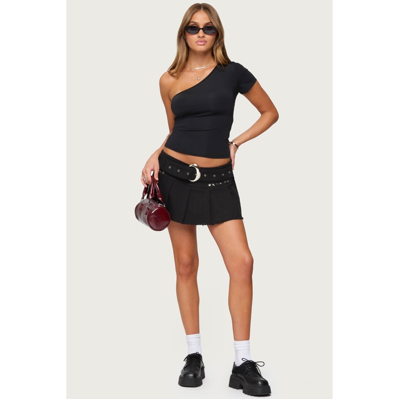 Kore Belt Pleated Denim Micro Skort BLACK XS