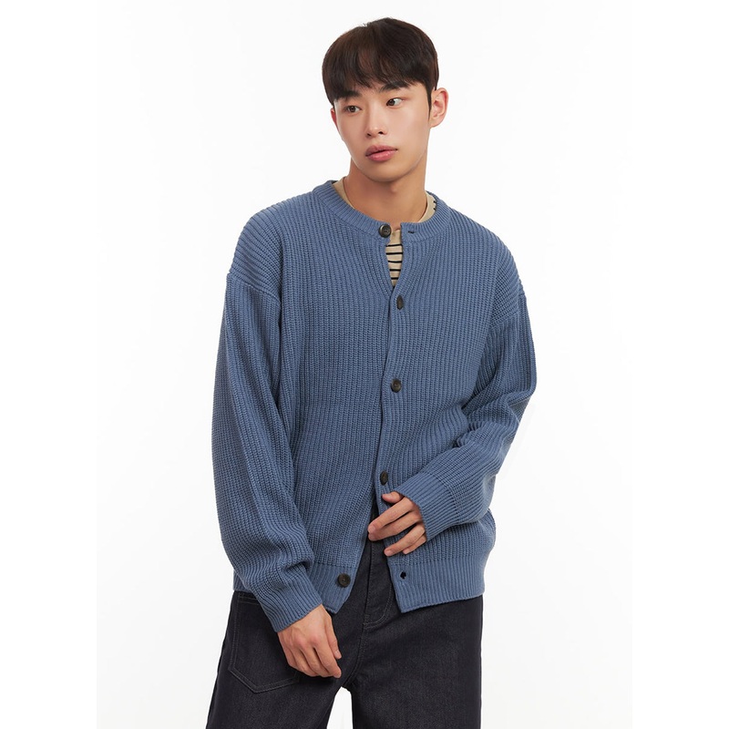 Men’s Ribbed Buttoned Round-Neck Cardigan IF517 Blue M