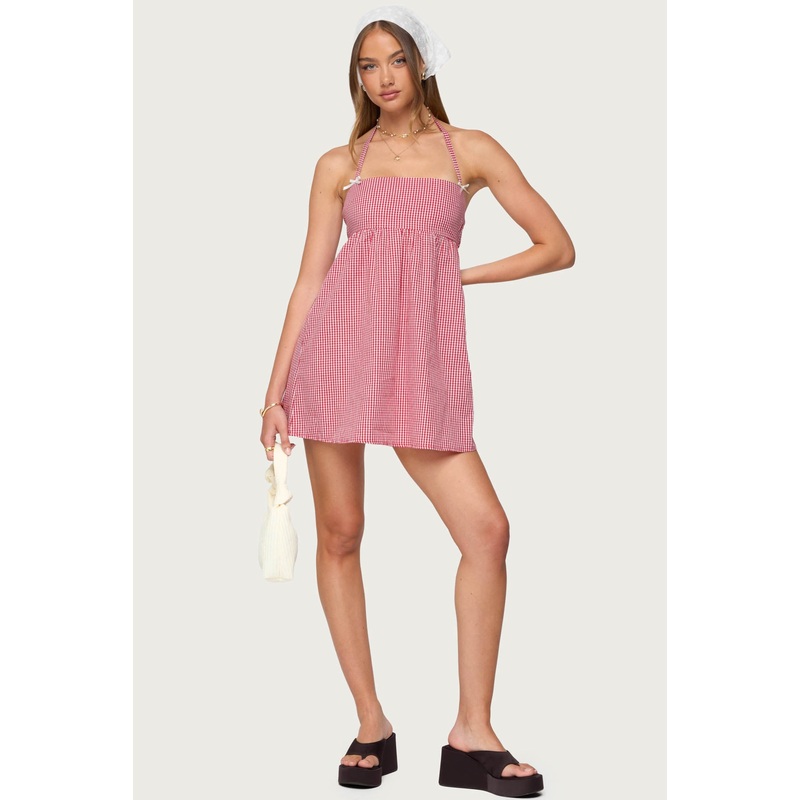 Rina Gingham Halter Mini Dress RED XS