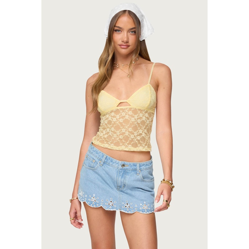 Sheer Lace Cut Out Tank Top YELLOW XS