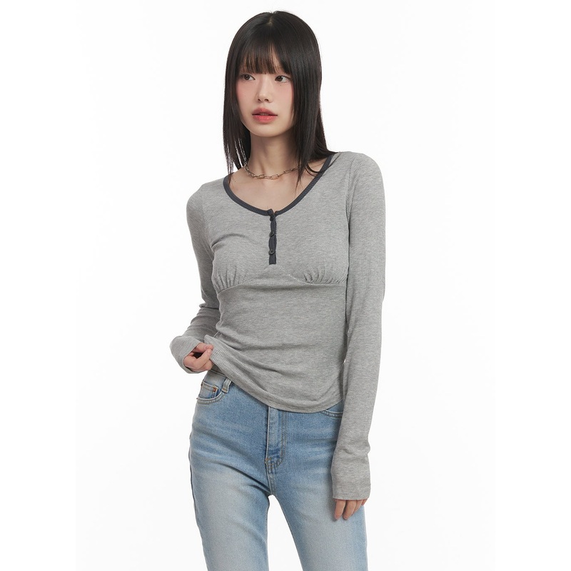 Shirred U-Neck Long-Sleeve Top CF519 Gray S/M