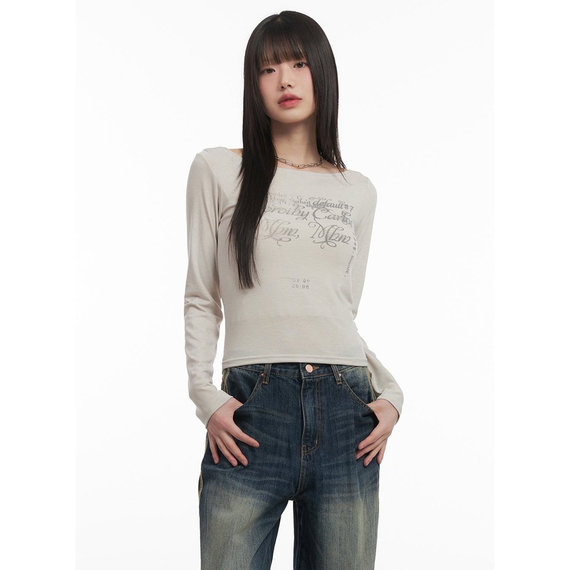Slim-Fit Off-Shoulder Graphic Top CF518 Beige S/M