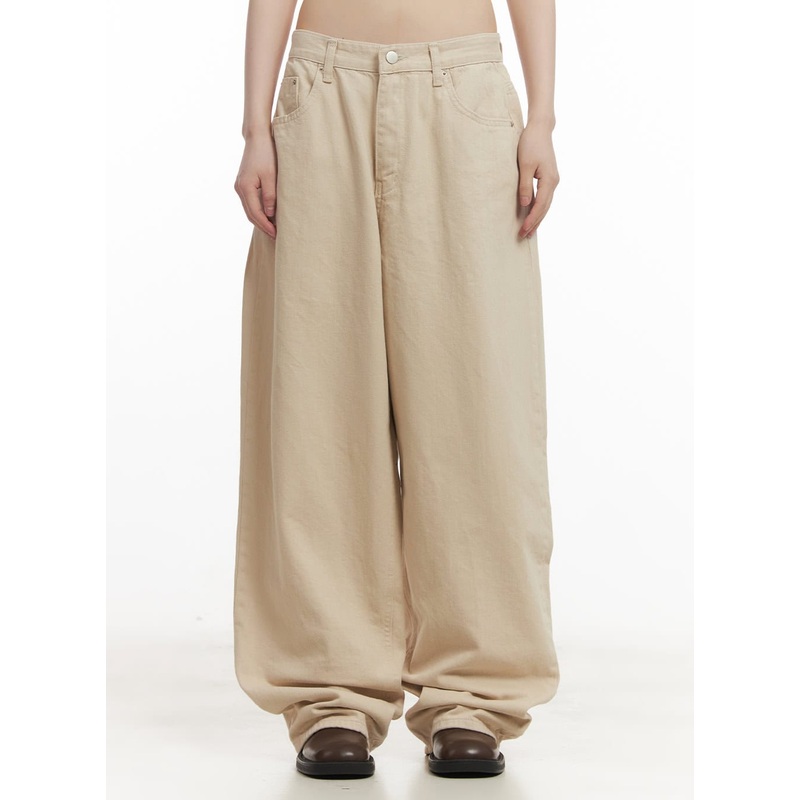 Studded Wide-Fit Cotton Pants CF519 Beige S