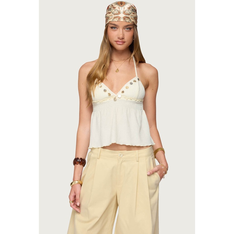 Textured Iridescent Babydoll Halter Top CREAM XS