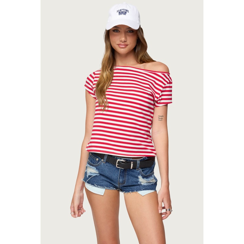 Aretha Striped Off Shoulder Top RED XS