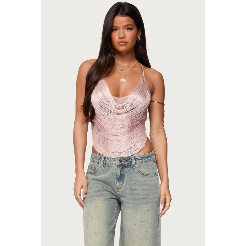 Elenie Fringed Cowl Neck Top LIGHT-PINK XS