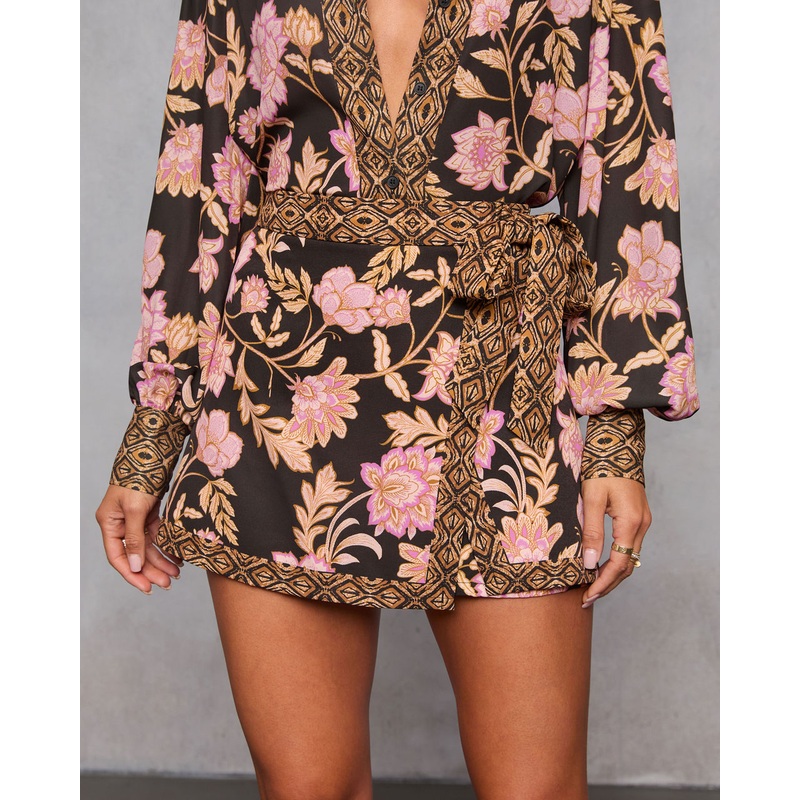 Ivy Embrace Floral Wrap Mini Skort Brown Floral S