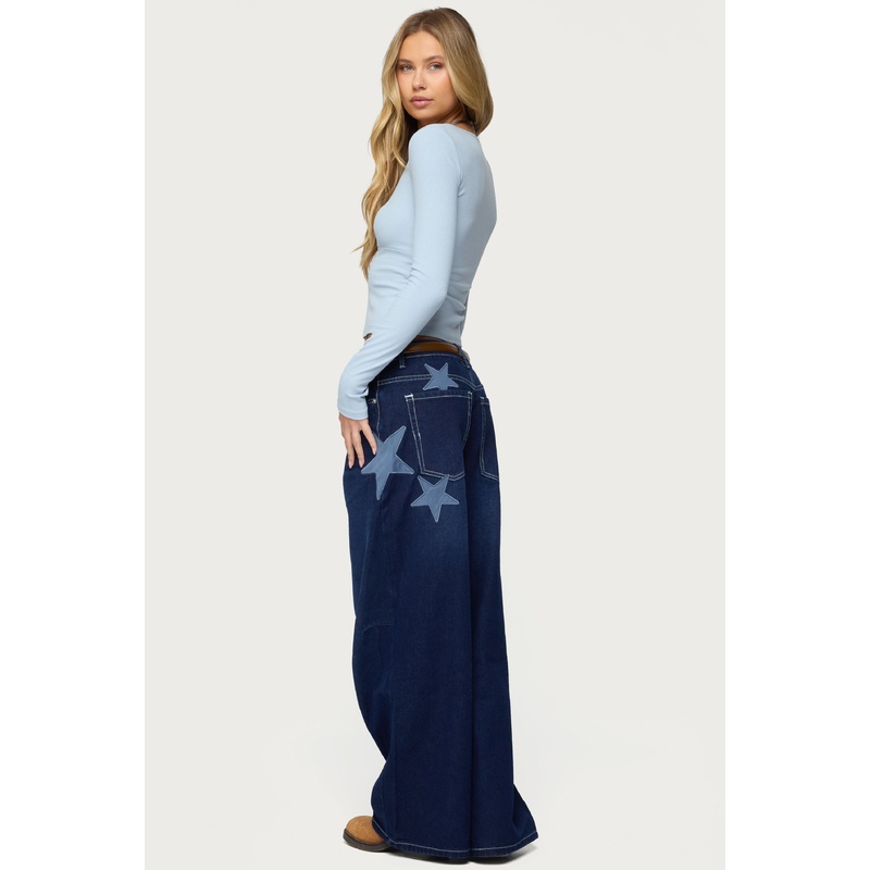 Trish Satin Effect Stars Low Rise Jeans INDIGO-BLUE-RAW-WASHED XS
