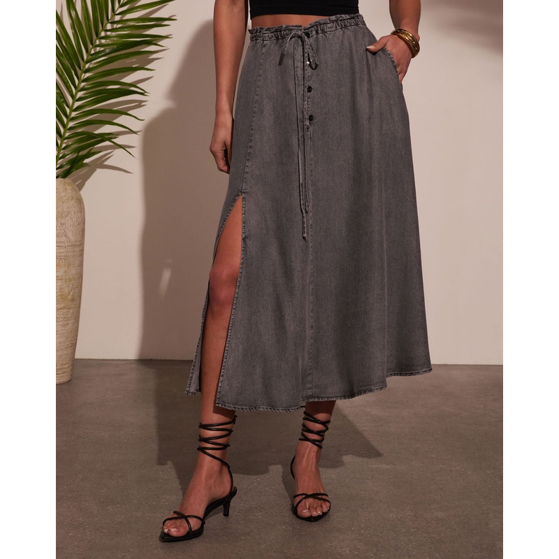 Willow Wander Waist Tie Midi Skirt Black S