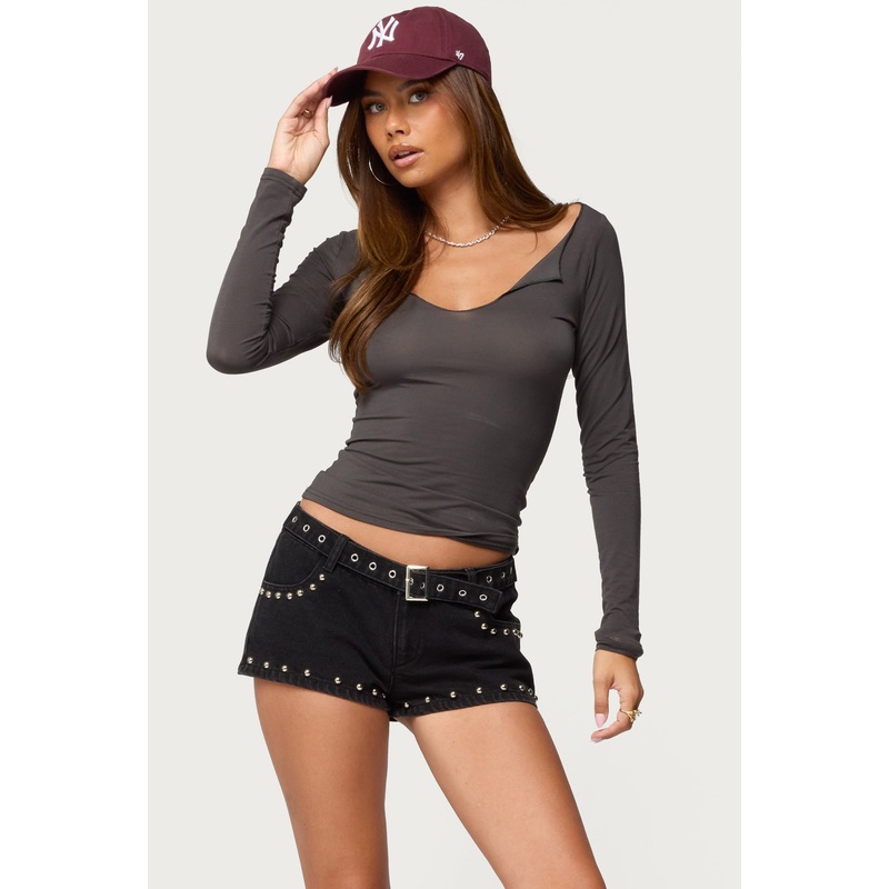 Alefa Scoop Neck Long Sleeve Top GRAY XS