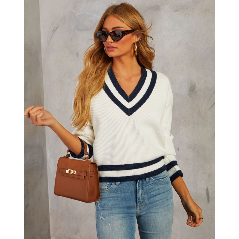 Asher V Neck Pullover Sweater White/Navy XS