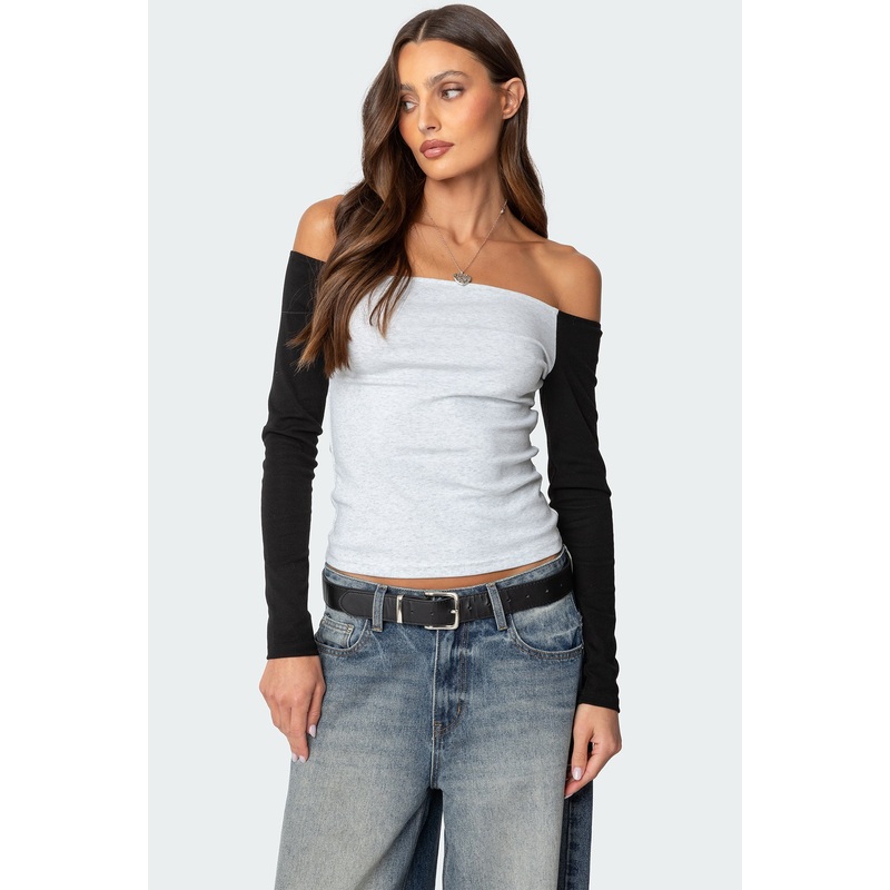 Contrast Off Shoulder Top GRAY MELANGE XS
