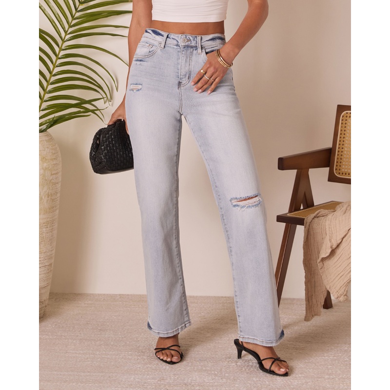 Crystal Super Stretch Distressed Relaxed Denim Light Wash 24