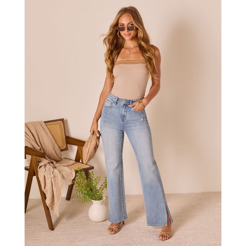 Downey Stretch High Rise Slit Flare Leg Jeans Light Wash 24