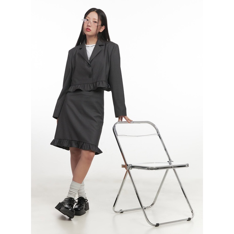 Frill Collared Crop Blazer CF526 Dark gray S/M