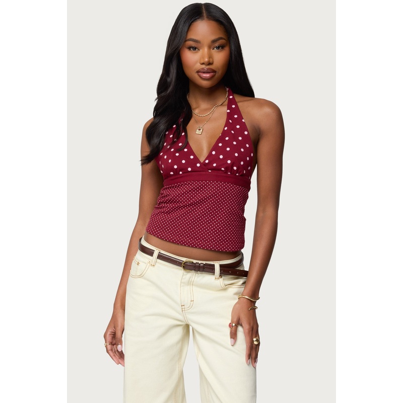Ginny Mixed Polka Dot Halter Top BURGUNDY XS